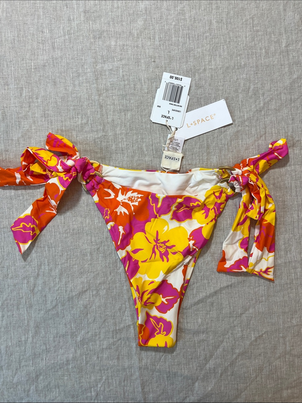 l*space Kiki Tanga Floral Tie-Side Bikini Bottom in Yellow Pink Orange. L. NWT